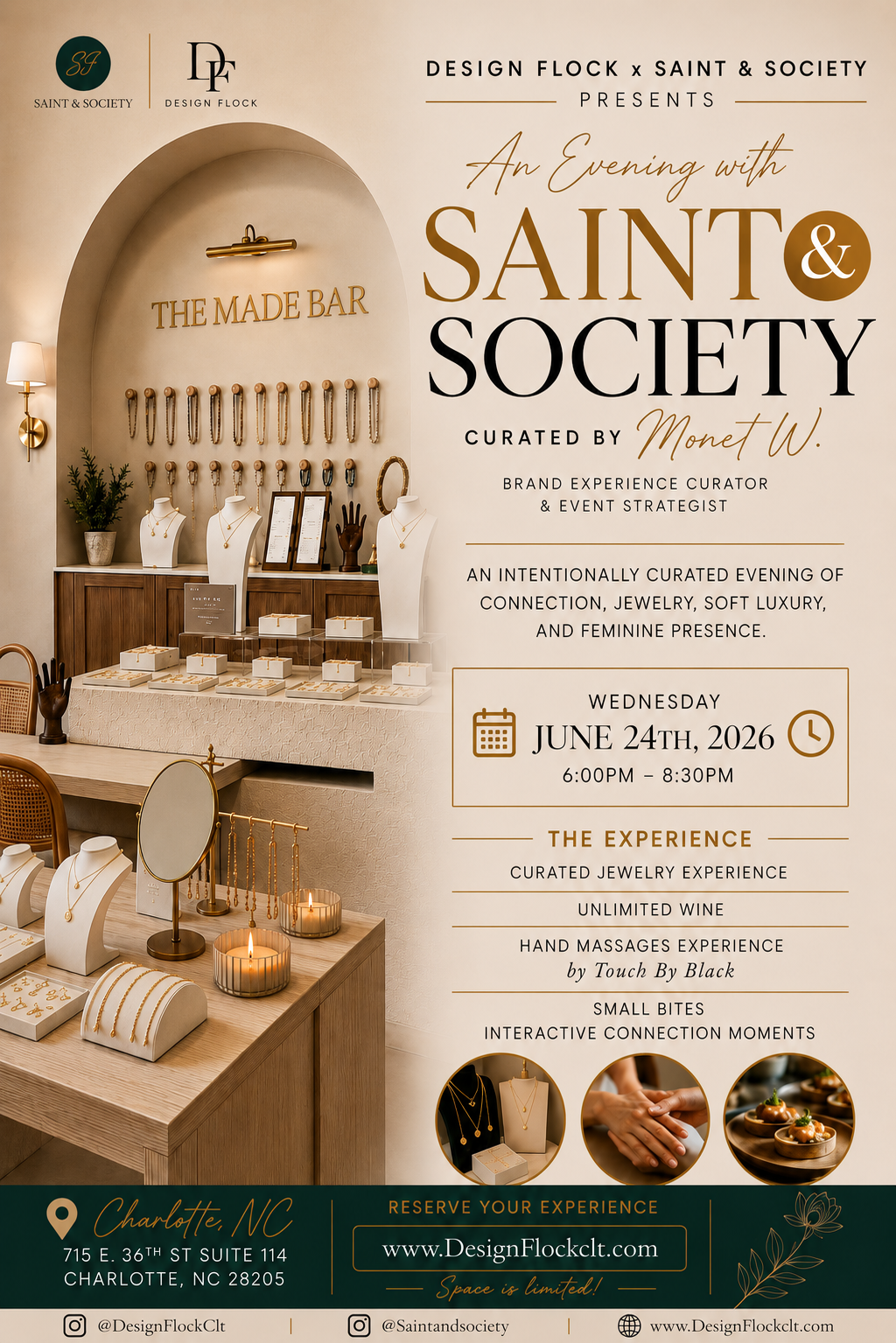Design Flock x  Saint & Society  presents An Evening with Saint & Society is an intentionally curated evening designed for women who appreciate connection, beauty, and elevated experiences.