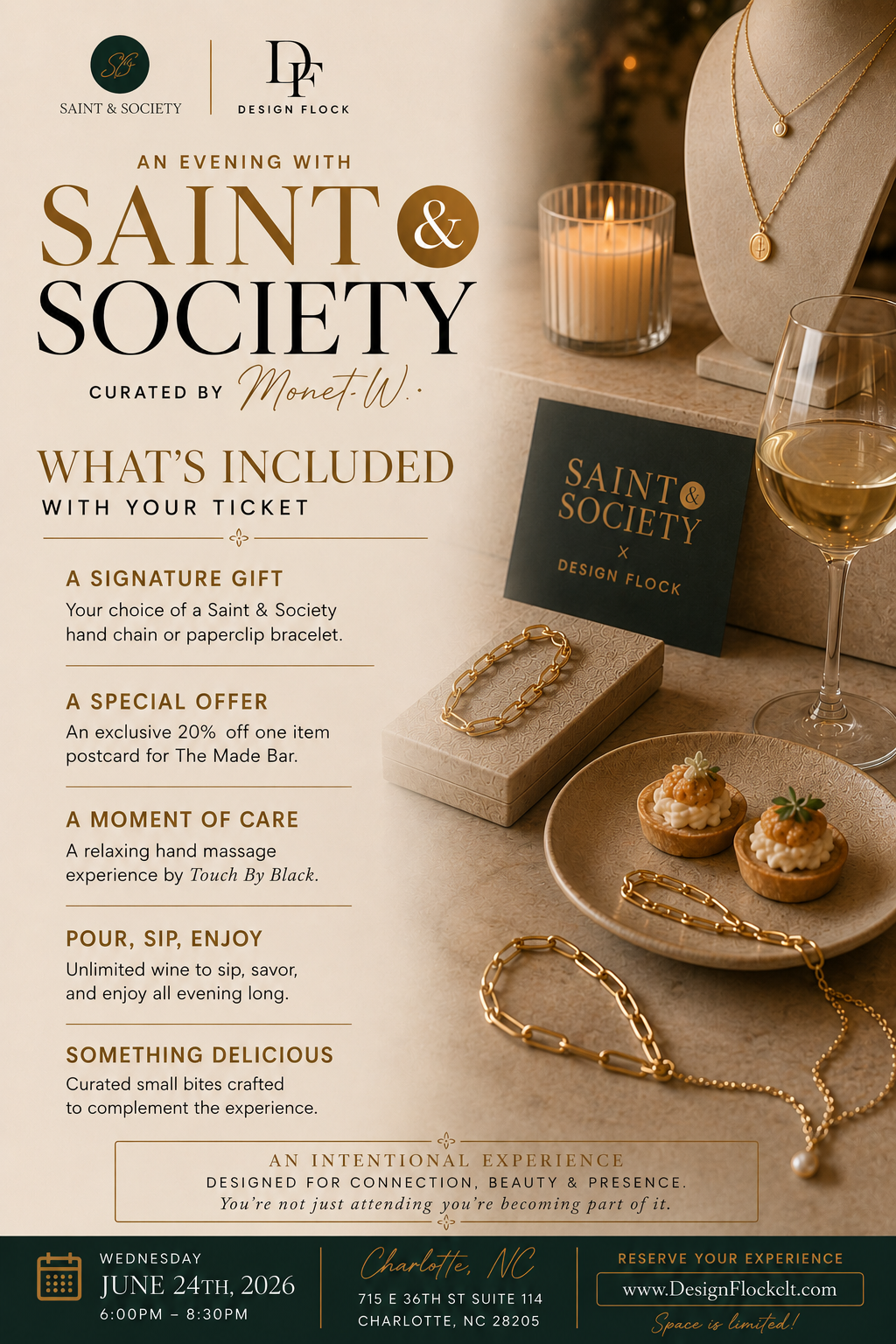Design Flock x  Saint & Society  presents An Evening with Saint & Society is an intentionally curated evening designed for women who appreciate connection, beauty, and elevated experiences.